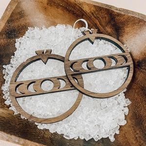 Moon Phases Hoop Walnut Wood Earrings